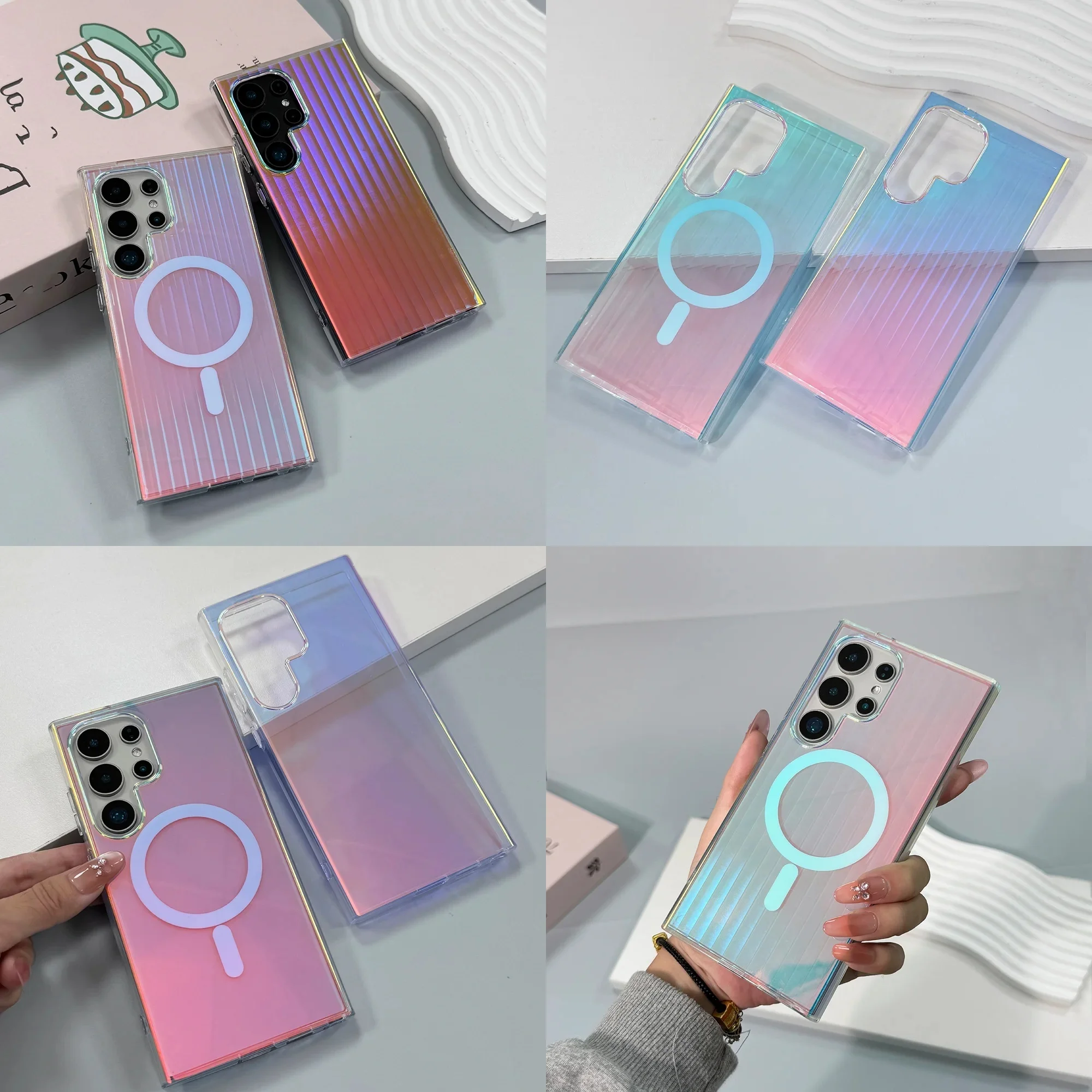 New Laser Gradient Magnetic Transparent Protective Case, Suitable for Samsung Galaxy S25 Ultra, S26 Plus, S24 FE, S23 Phone Case