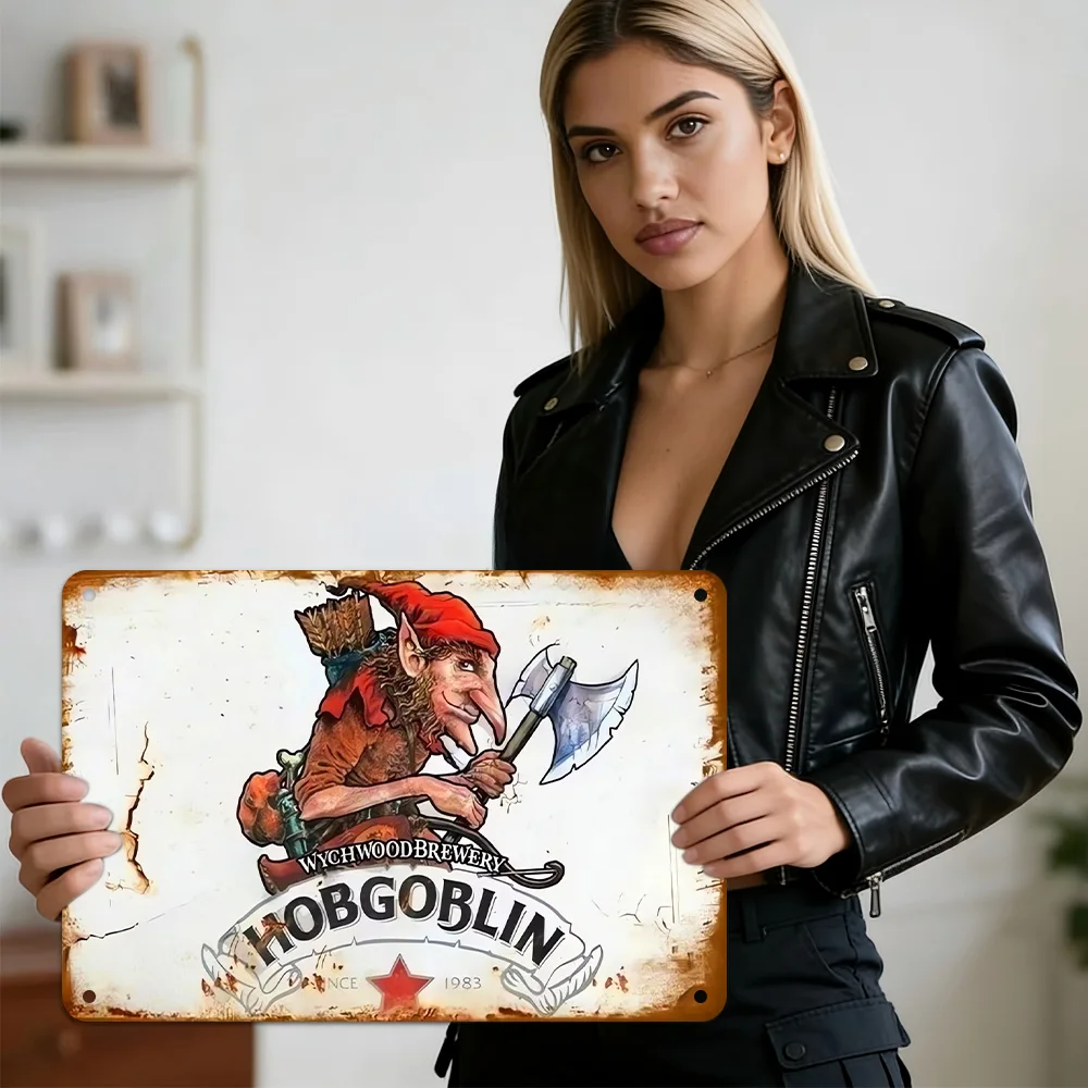 Placa de Metal HD Vintage com Logotipo da Cervejaria Hobgoblin Wychwood, Decoração de Parede Retrô para Bar, Caverna do Homem, Entusiasta de Cerveja e Fã de Cerveja Britânica