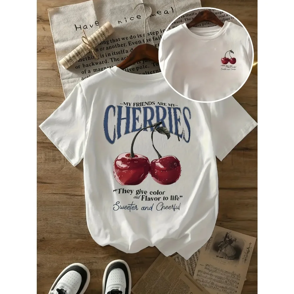 Summer Sweeter Cherries Prints T-Shirt Women Casual Crew Neck Short Sleeve Tops Design in Vibrant Colors Relaxed Chic Loose Fit