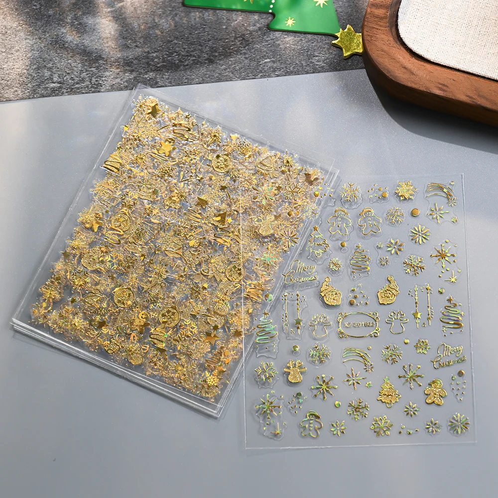 12 adesivi per unghie con fiocco di neve in oro laser con glitter champagne Babbo Natale/albero di Natale/alce decalcomanie per unghie accessorio a tema invernale