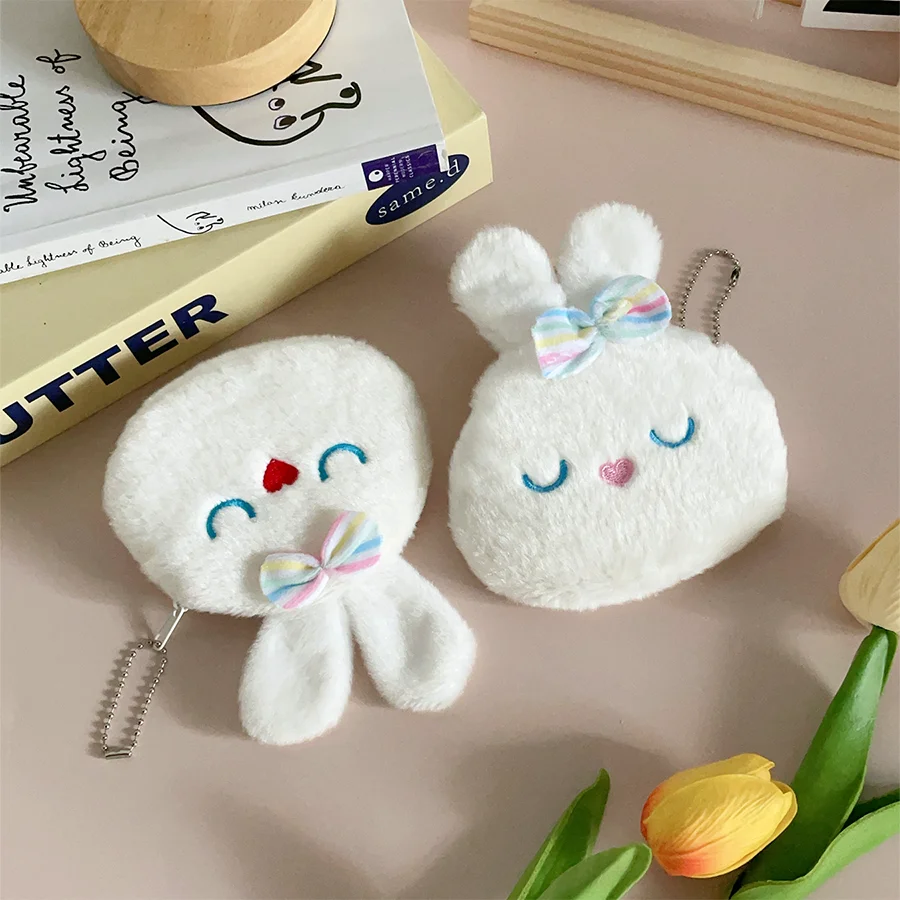 Simpatico fiocco bianco coniglietto portamonete in peluche borsa per auricolari borsa portatile per cavo dati versatile piccolo regalo pendente