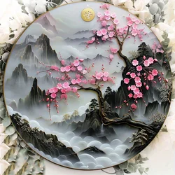 Exquisite Aluminum Metal Sign, Chinese Cherry Blossom, Golden Coins Design, Round Door Hanger, Wall Decor, Wreath Sign, 8x8in