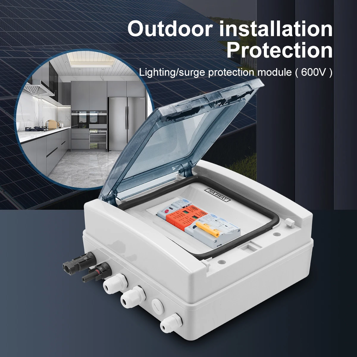 Solar-Photovoltaik-PV-Kombinatorbox mit Blitzschutz, 1 Eingang, 1 Ausgang, DC 600 V, Sicherung, MCB, SPD, wasserdichte Box IP65