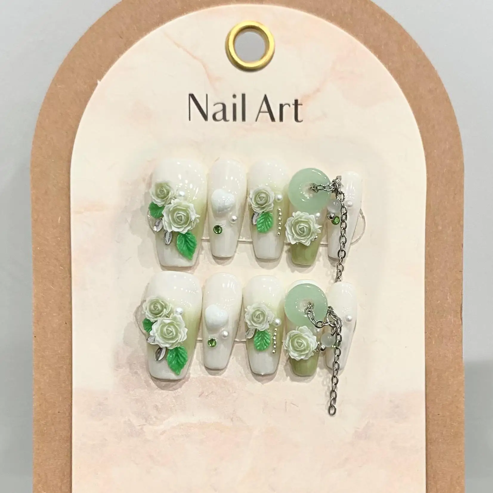 

10pcs Handmade Green Full Diamond False Nails Press On Ballet Nail Wearable Chain Jade Decor Long Coffin Y2K Fake Nails Gradient