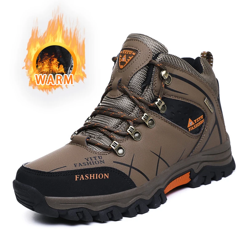 

CHRLCK Large Size Men High Top Fleece Outdoor Hiking Shoes Waterproof Leather Sneakers Super Warm Men's Hiking Climbing Shoes