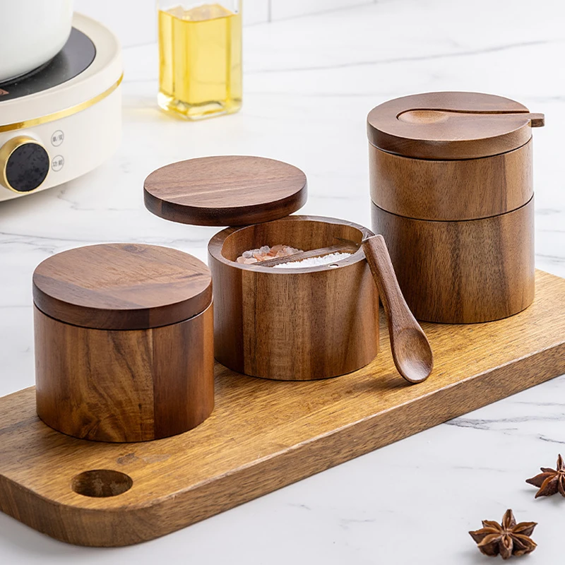 

Wooden Seasoning Jar Pepper Salt Shaker Seasoning Box Large Capacity Pepper Box with Spoon Magnetic Rotating Lid Kitchen Storage