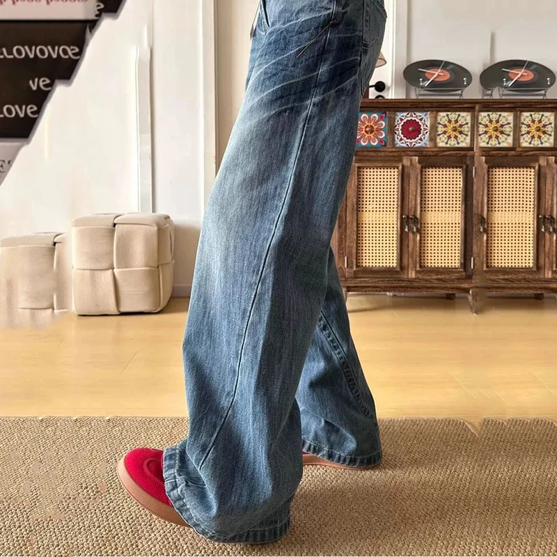 Coreano vintage cintura baixa jeans feminino streetwear perna larga calças jeans retas mulher 2026 primavera novas calças jeans soltas femininas