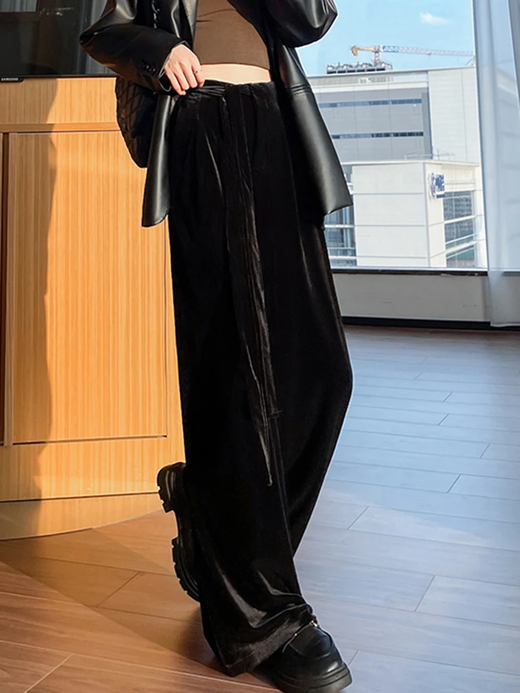 กางเกงขายาวทรงตรงผ้ากำมะหยี่สไตล์เรโทรสำหรับผู้หญิง เอวสูง ทรงหลวม ผูกเชือก สไตล์เกาหลี วินเทจ สำหรับฤดูใบไม้ร่วงและฤดูหนาว ดูสง่างาม