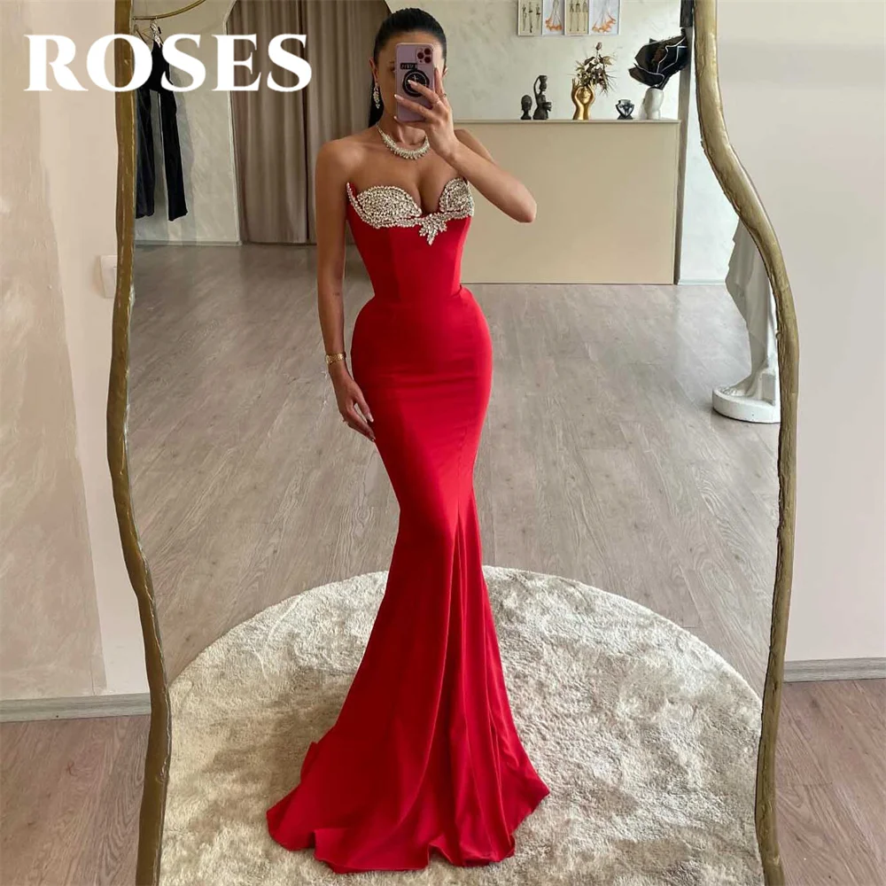 

ROSES Red Evening Dress Sweetheart Mermaid Sleeveless Party Dresses with Pleats Satin Vestido De Novia Sexy Sequins Prom Dresses