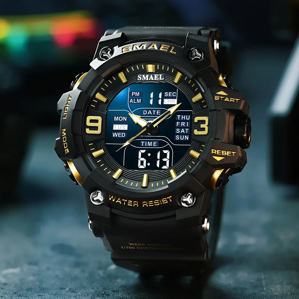 Men Watch Sport Waterproof LED Light Alarm Clock Dual Time Display Week Auto Date Wristwatches 8049 Quartz Watches Sports Time