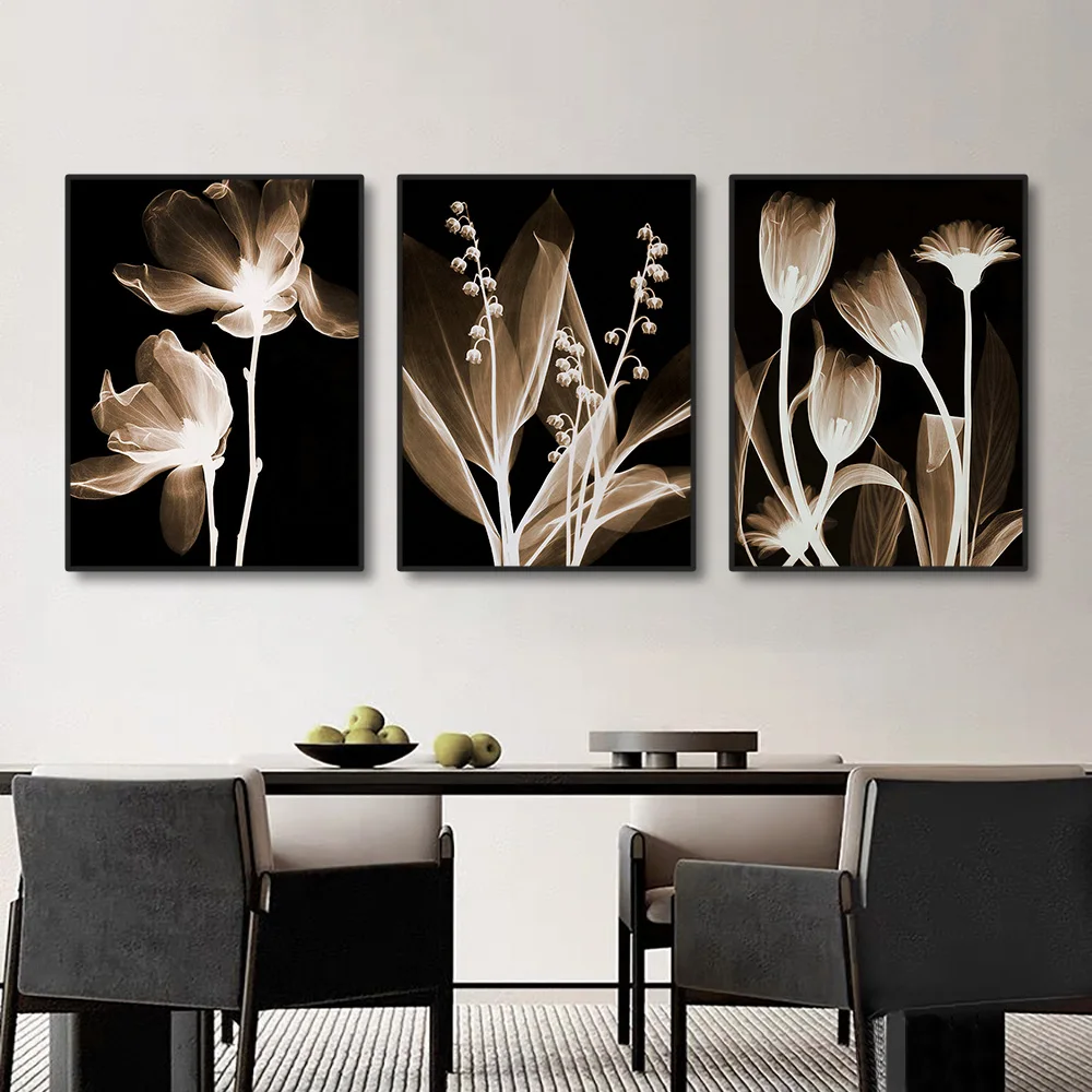 3PCS Frameless Flower Canvas Painting Tulip Posters Abstract Wall Art Black White Still Life Pictures for Home Decor Living Room