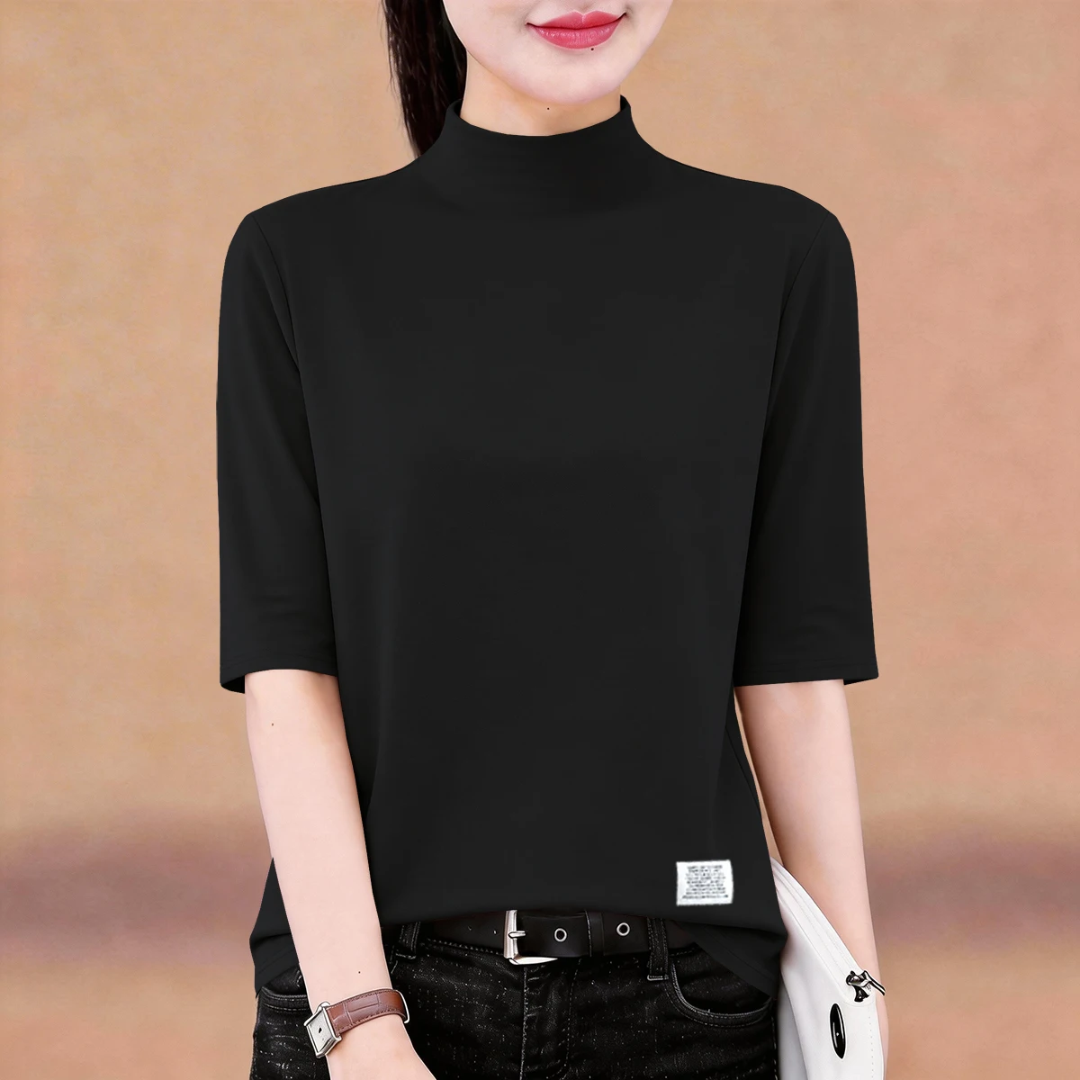 Korean Style Half High Collar Women's T-shirt Summer Five-Quarter Sleeve Retro Casual Top  Color Simple Versatile Anti-a...