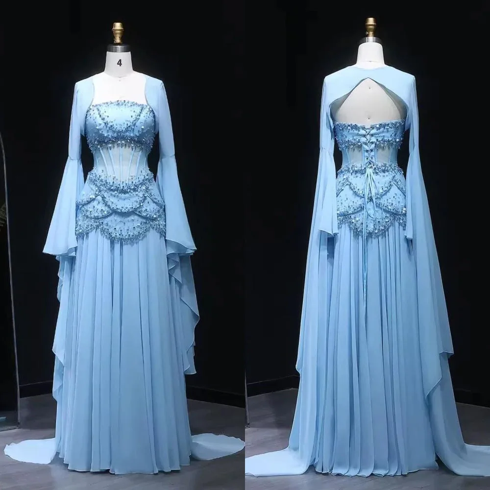 

Высокое качество, индивидуальное платье длиной до пола, без бретелек, со складками, расшитое бисером, синее платье с длинными рукавами, платье для выпускного вечера, вечерние платья