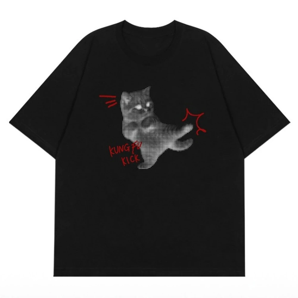 Kung Fu Cat Halftone Print Tee New Summer Women American Style Streetwear Funny Cute Short Sleeve Round Neck Korean Cuteness Tee