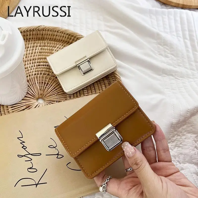 LAYRUSSI Retro Lock PU Leather Coin Purse Short Card Holder Mini Wallet For Women Flip Organ Metal Buckle Money Card Wallet