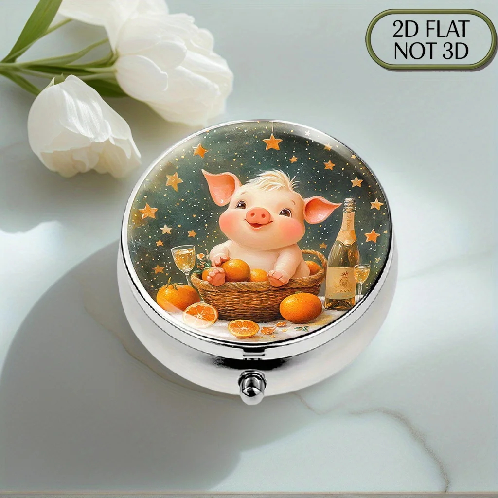 A flat, portable, round metal pill box featuring a cute pig and orange in an orange basket, perfect for organizing daily medication, vitamins, and other items. It's an ideal gift for Father's Day or Independence Day and other summer holidays. Flat design