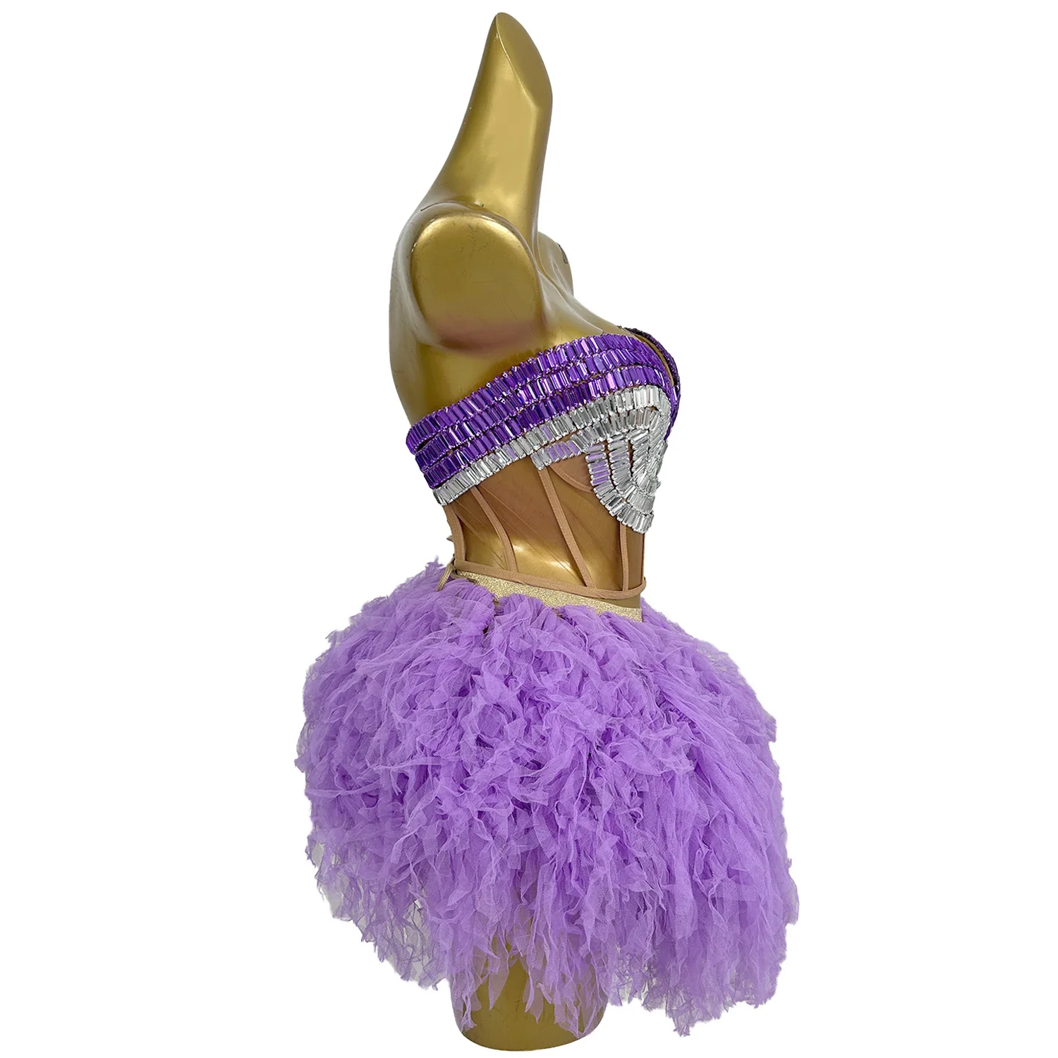 

Ladies Dance Team Purple Outfit Sparkly Crystals Strapless Crop Tops Mini Skirt 2Pieces Set Women Praty Club Show Wear Jijing