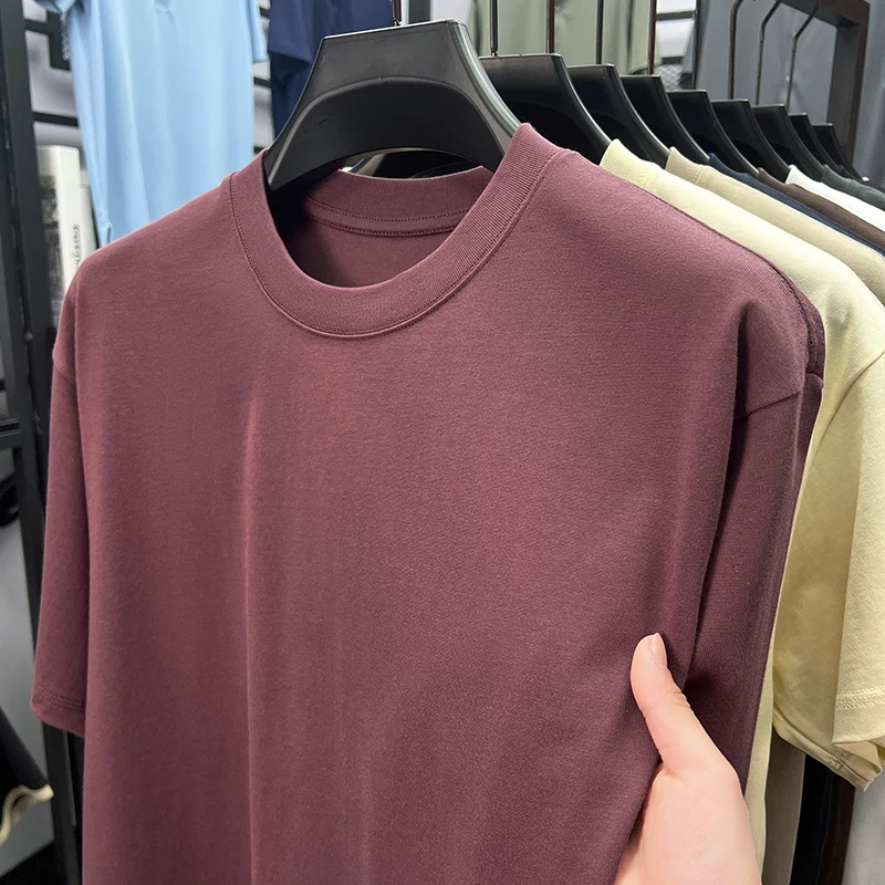 

100%pure cotton high-quality short sleeve T-shirt men's summer breathable solid color fashion loose casual round neck Korean top