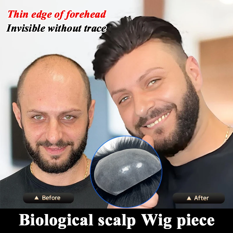 100% Human Hair Ultra Thin Breathable Full Biological Scalp Prosthesis Toupee PU Men Capillary Prothesis Soft Invisible Toppers