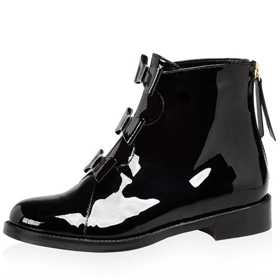 

Black Patent Leather Bow Flat Ankle Boots