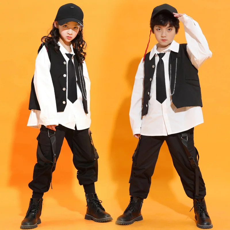 Tactical Cargo Pants for Girls Boys Jazz Dance Costume Clothes Wear Kid Hip Hop Clothing Oversized Shirt Top Sleeveless Jacket