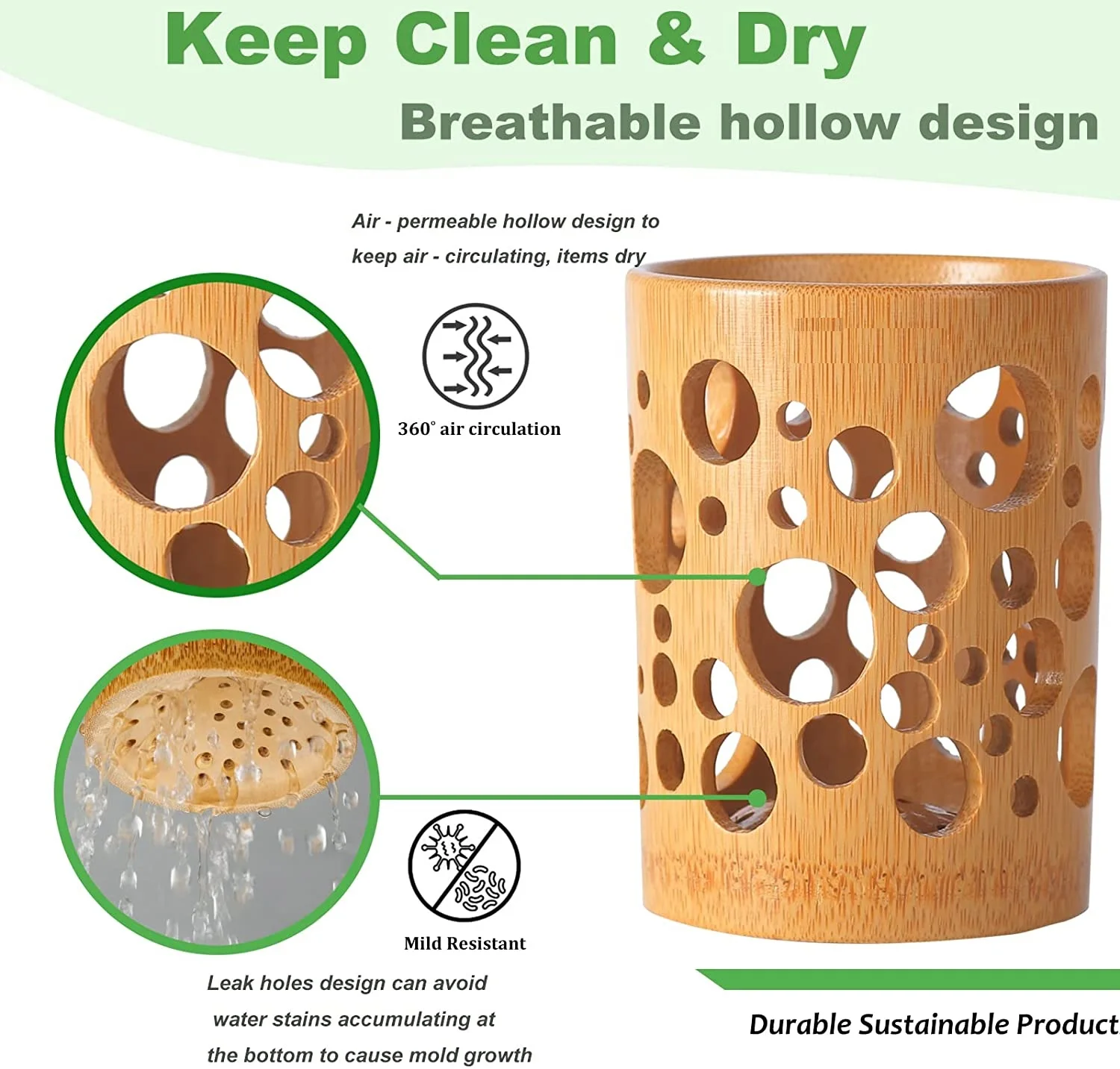 1pc Natural Bamboo Toothbrush Holder Bathroom Toothbrush Cup Drainage Quick Drying Bathroom Cup Toothpaste Holder Degradable Cup