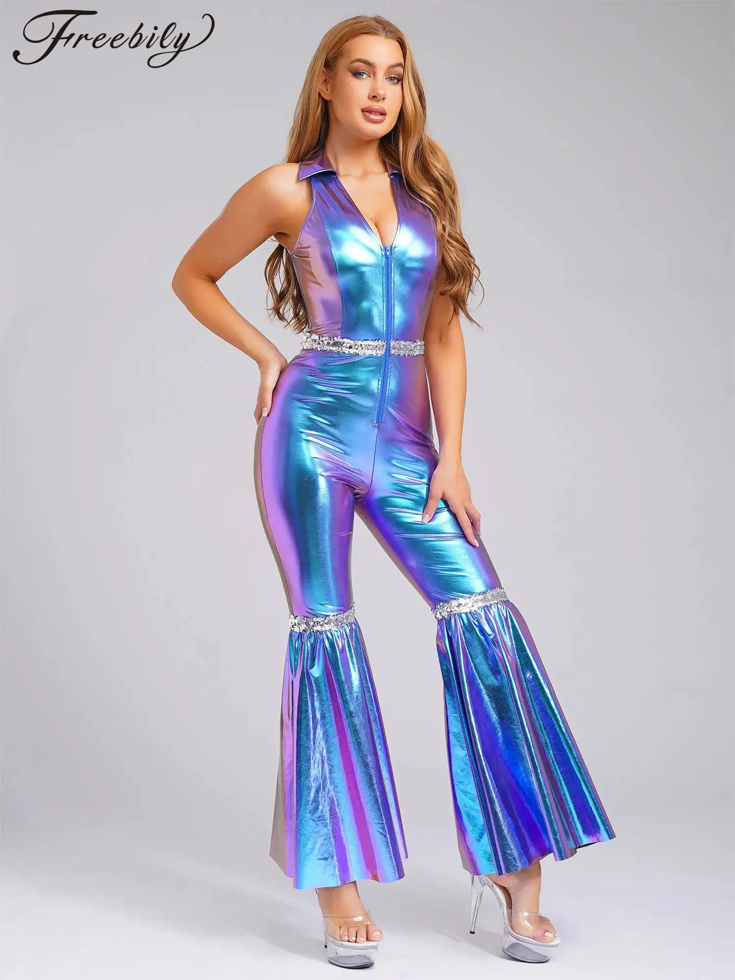 Women's Bell Bottom Long Pants for Jazz Dance Costume Sequins Jumpsuit Lapel Sleeveless Jumpsuits Retro 70s Disco Party Rompers