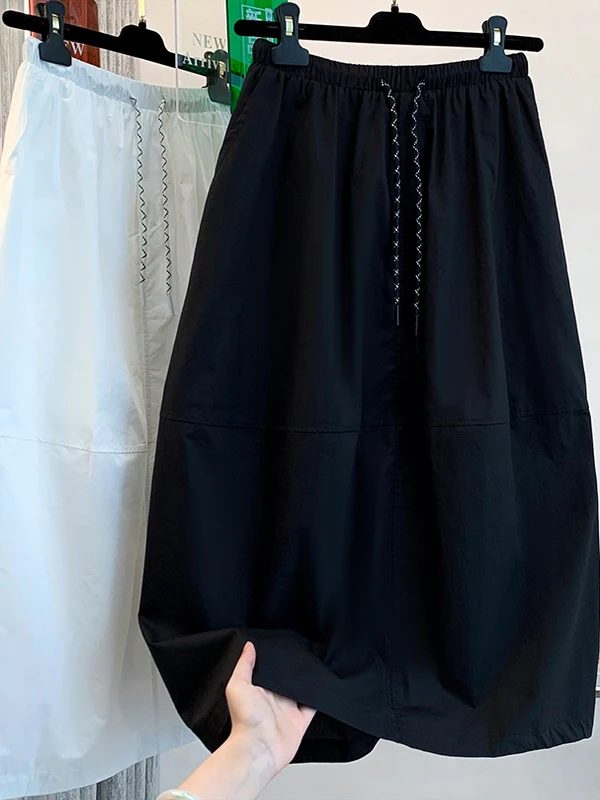 Falda Midi acampanada Simple de Color versátil, faldas de verano adelgazantes con cintura elástica Dstring de talla grande para mujer