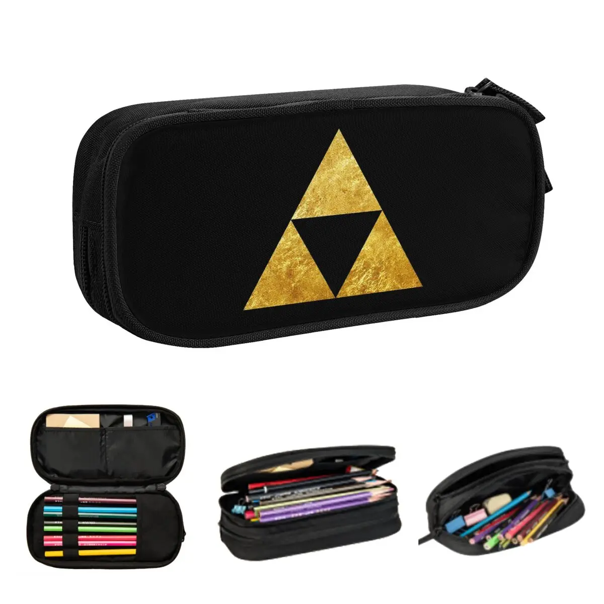 حافظة أقلام زيلدا برمز Triforce الذهبية لهدايا الطلاب، صندوق أقلام رصاص، حقيبة تخزين كبيرة، حامل قلم رصاص