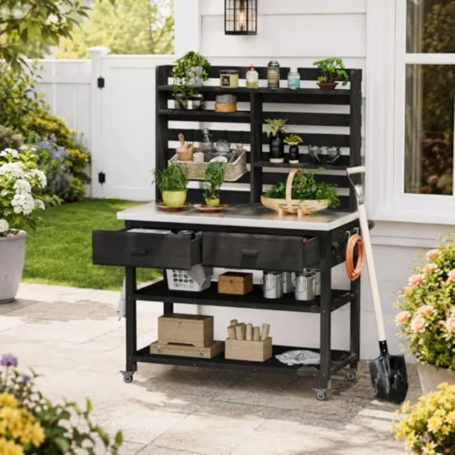 Outdoor Potting Bench with Storage, Potting Garden Table with Lockable Wheels, Wood Gardening Work Bench with Upper Hutch, Pott