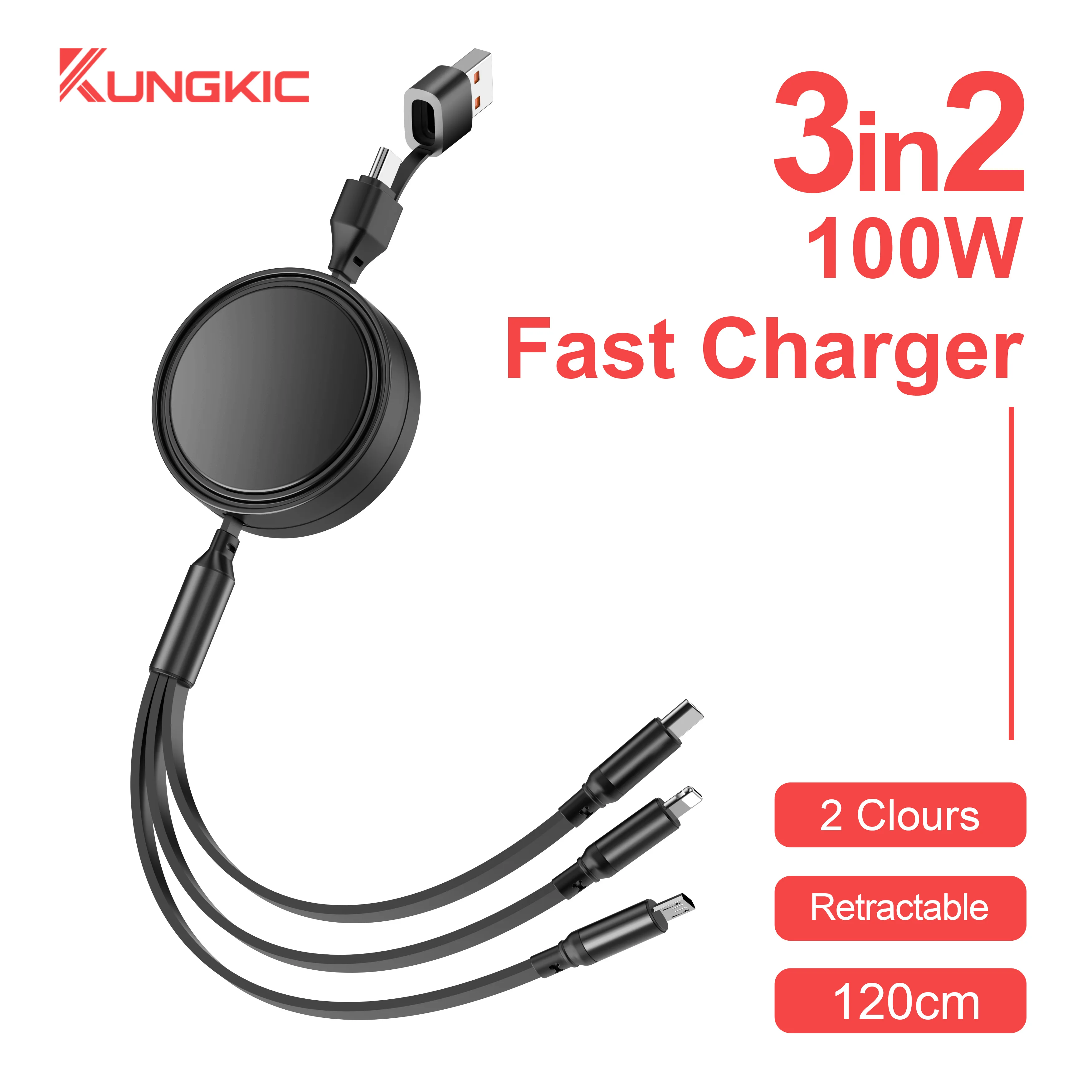 Retractable 3 in 2 USB Cable 100W for iPhone & Type C, Smart Trickle Charging 1.2m Long Charger for Fast & Safe Charging