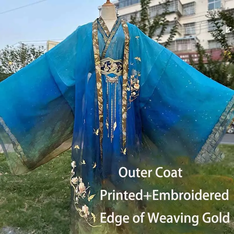 رداء هانفو الصيني للرجال متدرج مطرز طباعة ثوب أزرق مرحلة الأداء كرنفال تأثيري حلي للنساء