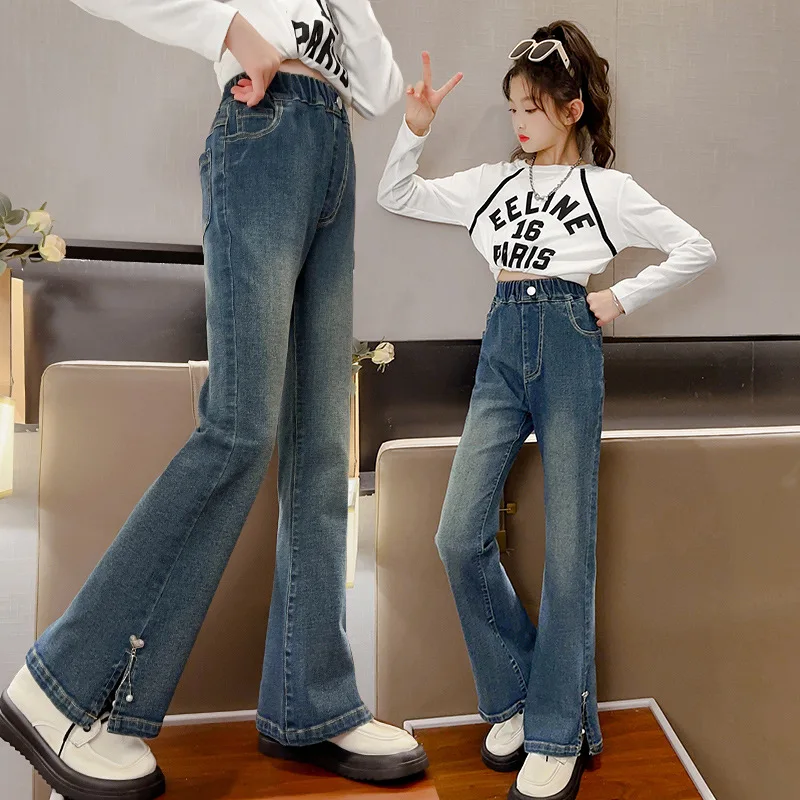 Fashion Flared Jeans for Girls Spring Autumn Children\'s Clothing Casual Skinny Denim Trousers Korean Style Teen Denim Pants