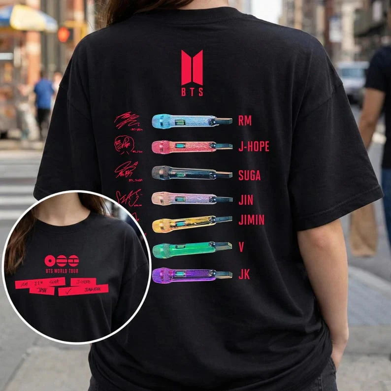 

Kpop BTS Members Microphone Signature T Shirt Men Women Double Sided Print World Tour Casual Tee Korean ARMY Fans Gift Tops