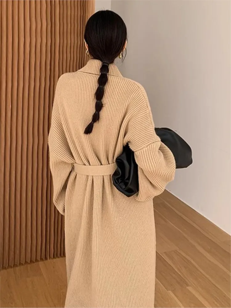 Autumn Winter Lapel Knitted Long Cardigan Knitwear Coat Women Pockets Loose Solid Sweater 2024 Korean Fashion Female Outerwear