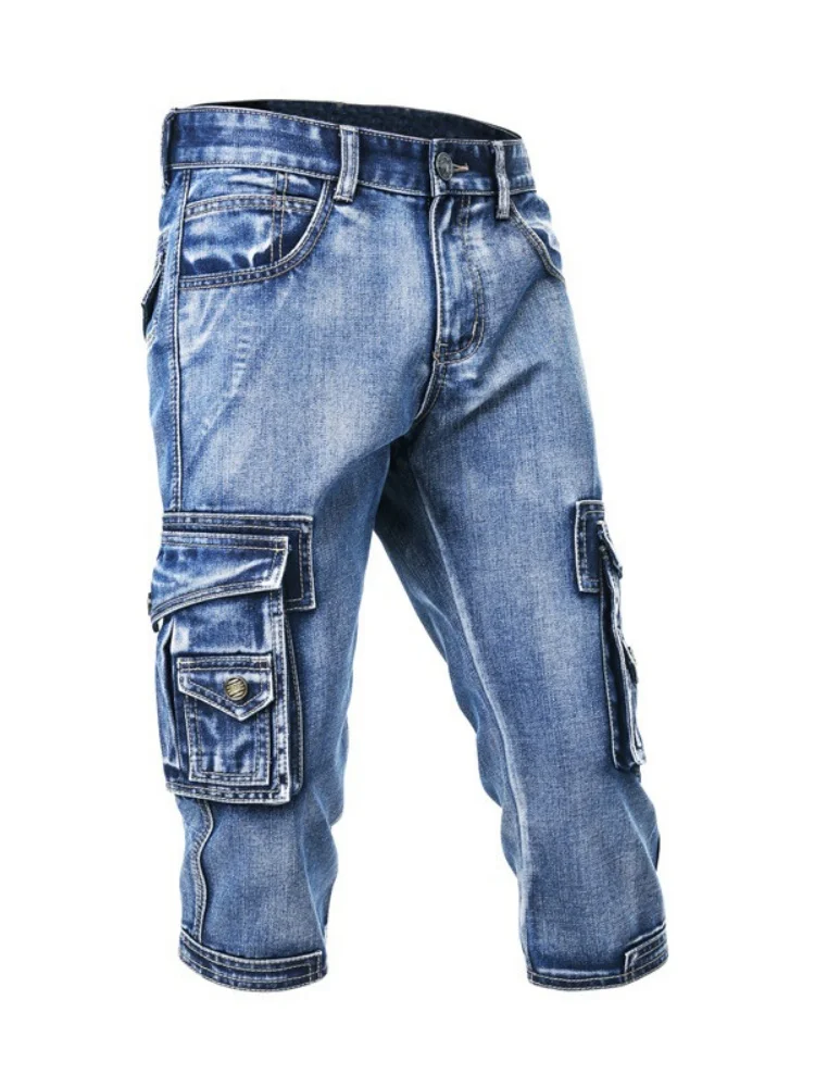 Calças cortadas jeans masculinas com vários bolsos, shorts soltos de perna reta, calças casuais lavadas e usadas