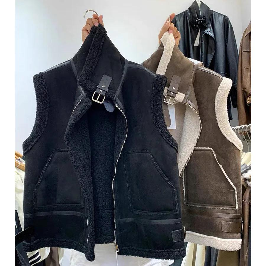 2025 Autumn and Winter New Hairy Vest Women's Thick Standing Collar Stacked Warm Jacket