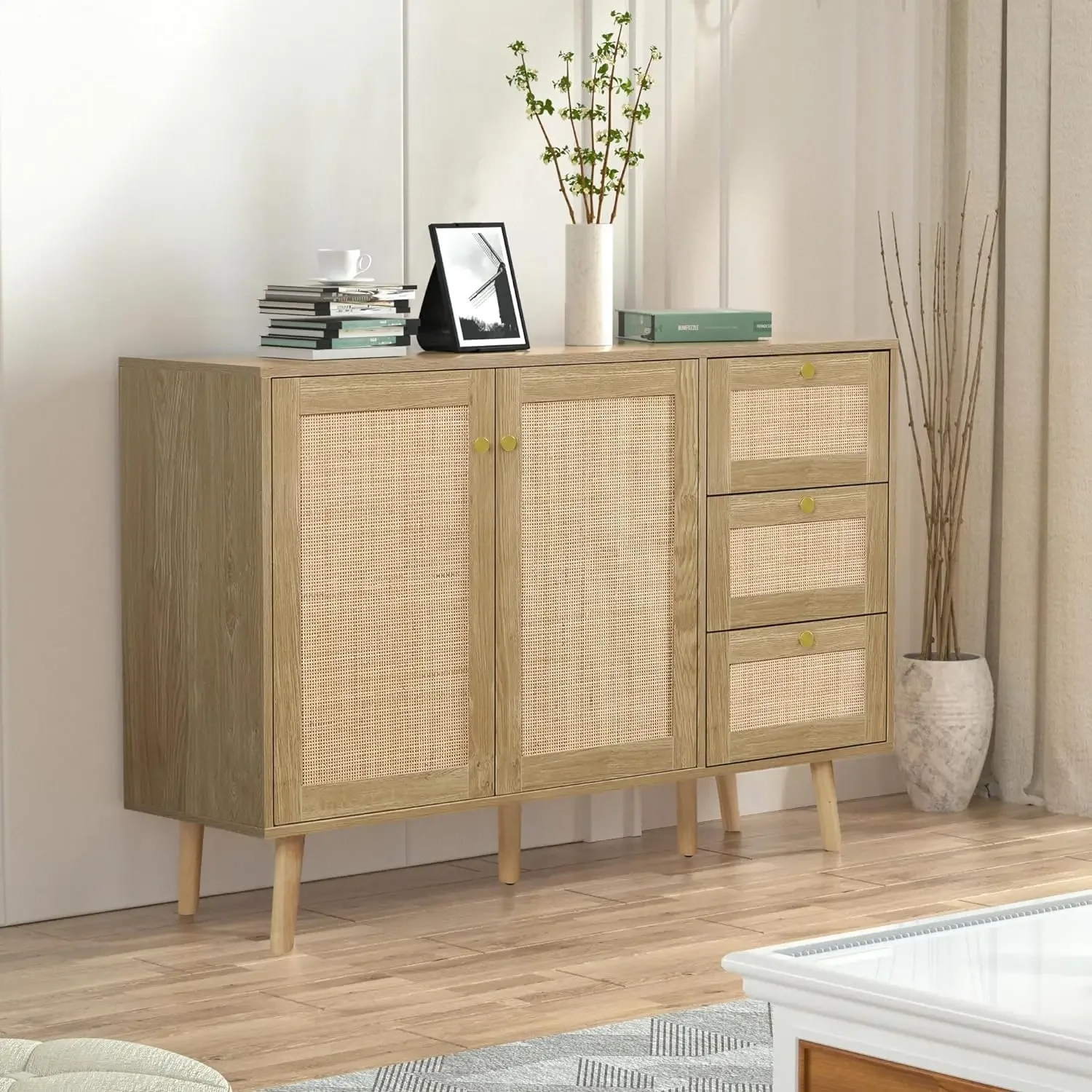 Rattan Aparador Buffet Cabinet, Armário De Armazenamento, Credenza De Madeira, 2 Portas, 3 Gavetas