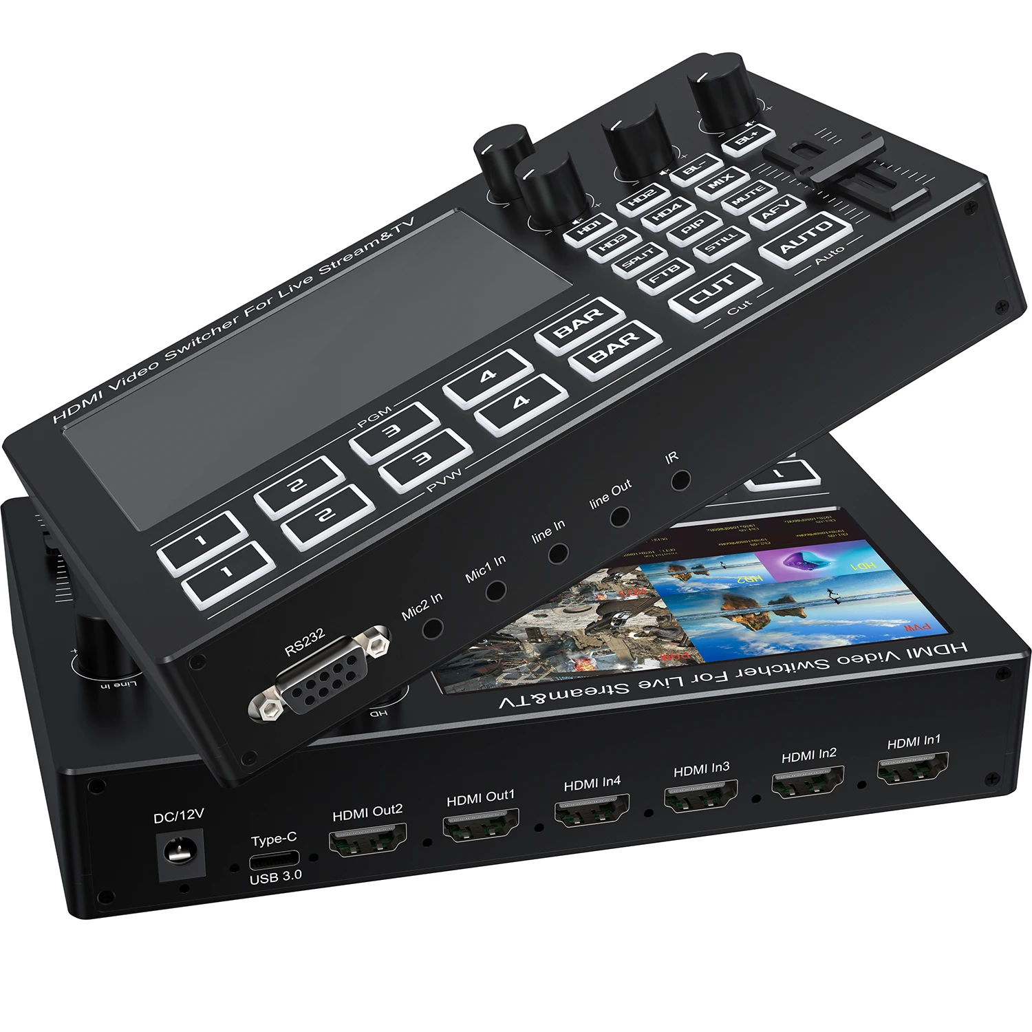 1080P 4 Channel HDMI Video Switcher 4 in 2 Out with Screen Multi Camera Live Streaming Mixer Mic Line in Video Capture Recording