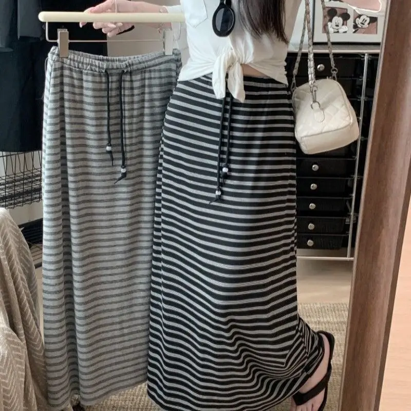 High Waist Striped Loose A-Line Midi Skirt Women's Summer Casual Drawstring Straight Cut SkirtLazy Color Block Half-length