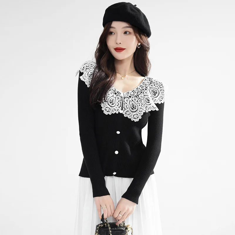 

Women's Long Sleeved Lace Patchwork Pullover Temperament Sweater Autumn and Winter Knitwear