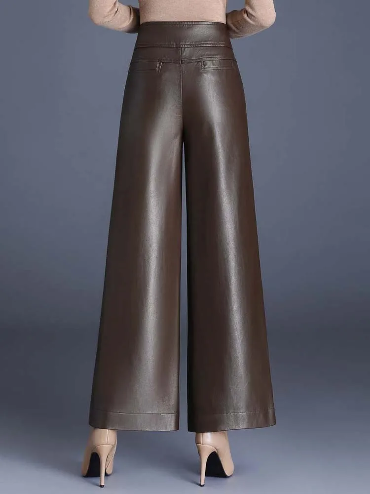 ZUZK High Quality Women PU Leather Wed Leg Pants  Autumn Winter Fashion Warm Long Leather Pants Elegant LeatherTrousers