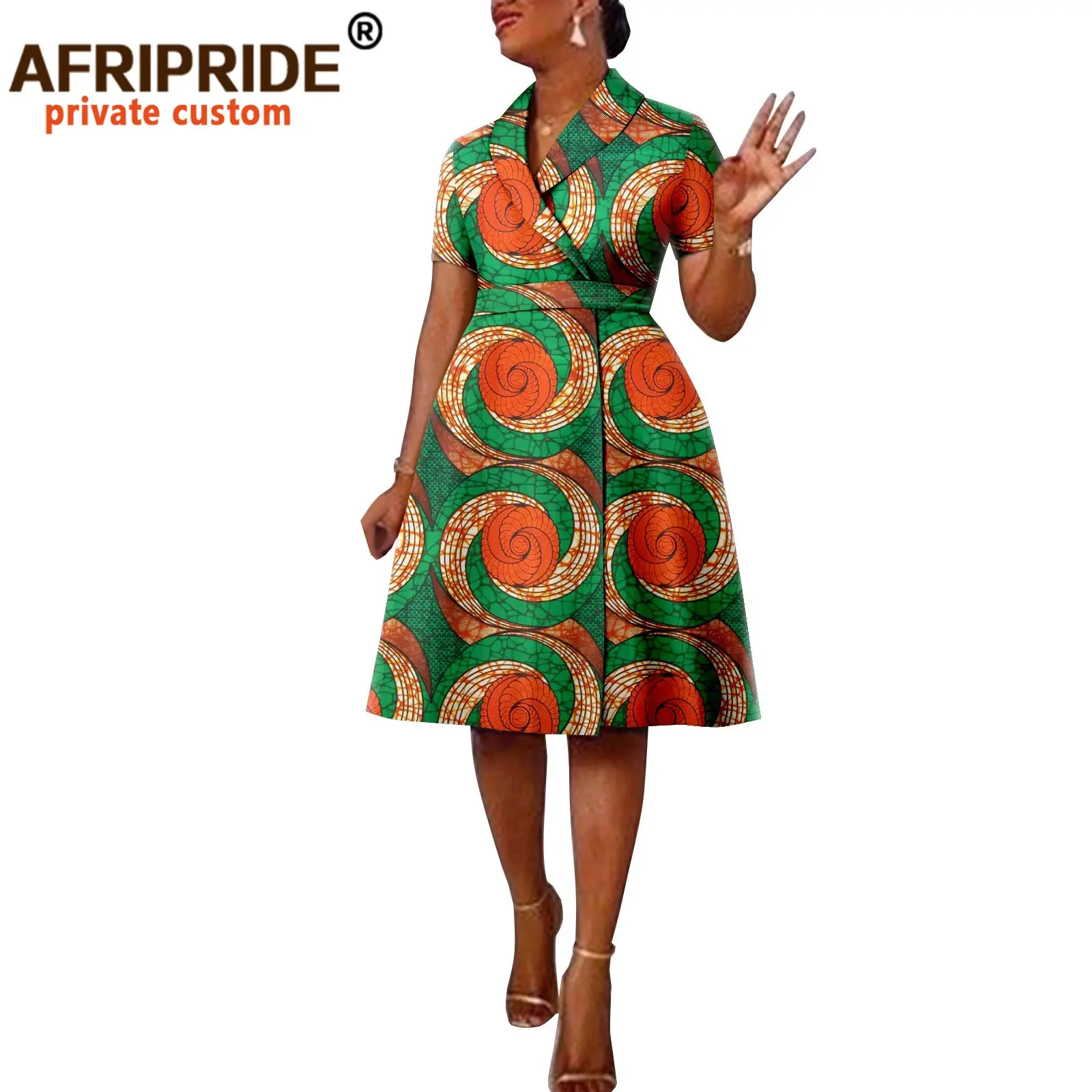 African Ankara Printed Casual Style Short Sleeve Women's Cotton Belt Lapel Padded Shoulder Suit Dress, A2225140