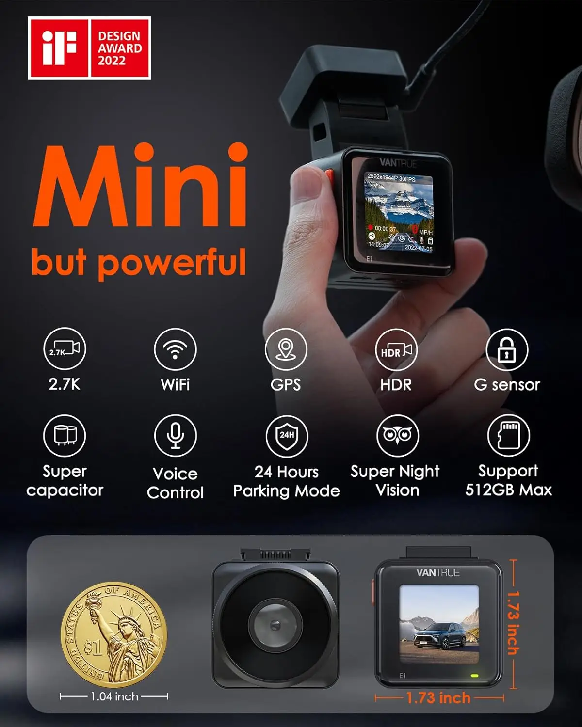 E1 2.7K WiFi Mini Dash Cam, Voice Control Front Car Dash Camera with GPS&Speed, Super Night Vision, Wireless Controller&App, 24