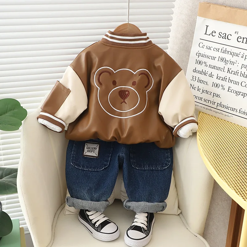 Kids Boutique Clothes 2023 New Spring Autumn Baby Boy Cartoon Patchwork PU Leather Long Sleeve Jackets T-shirts Pants Outfit Set