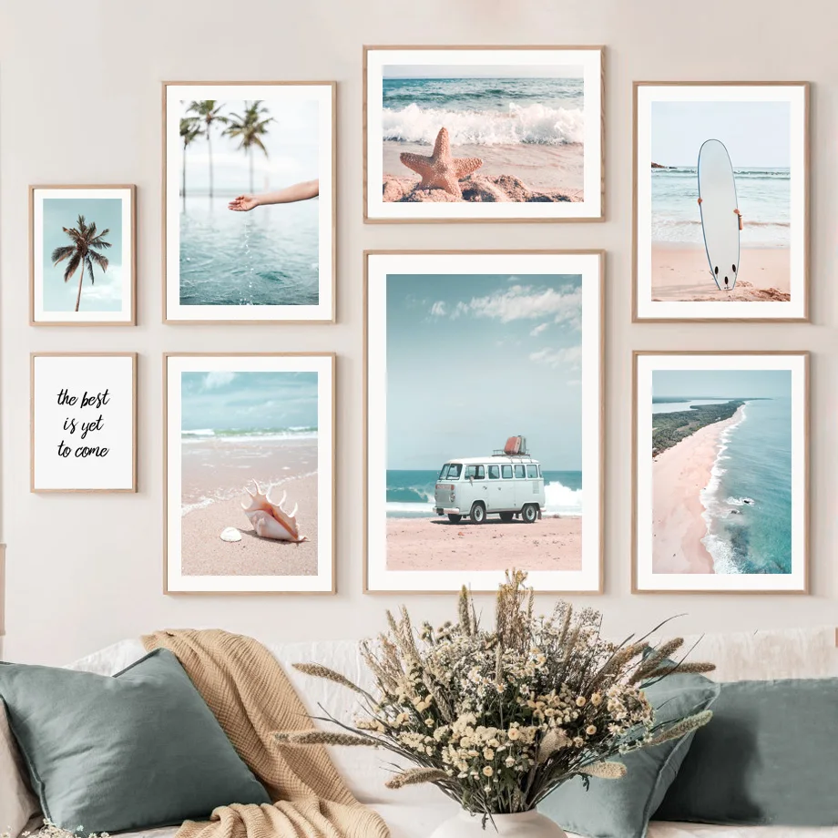 Pastel Coastal Beach Wall Art Canvas Poster Print Surf Palm Tree Vintage Van Starfish Seashell Ocean Summer Living Home Decor