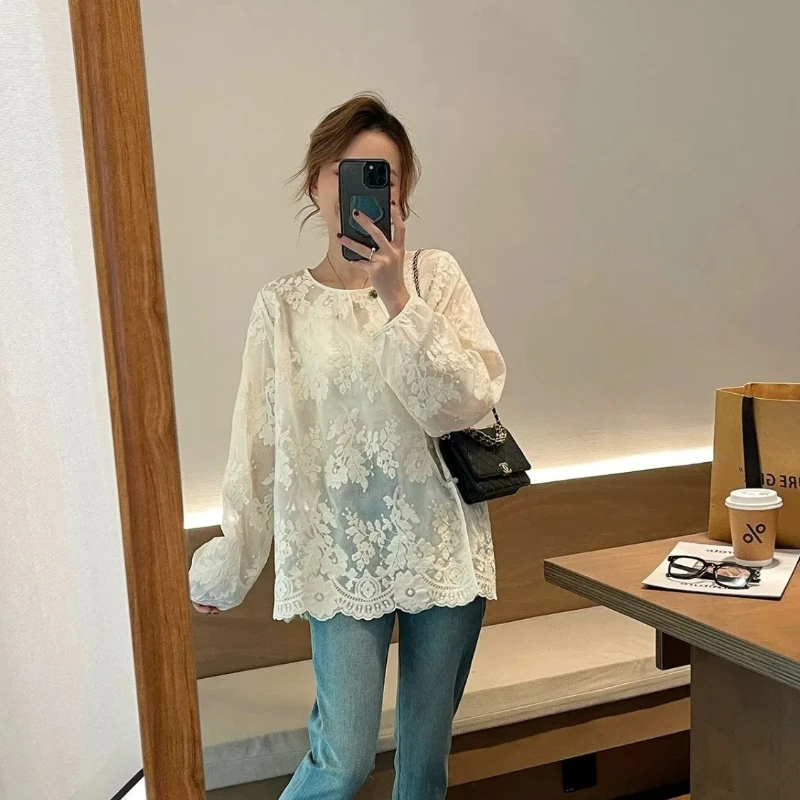 Spring Autumn Fashion Round Neck Long Sleeve Women\'s Clothing Shirts Embroidery Button Lace Sunscreen Chinese Style Y2K Blouses