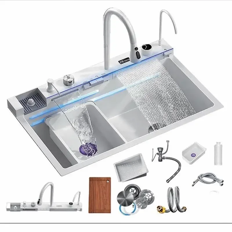 스테인리스 스틸 워터 올 주방 싱크대 대형 단일 슬롯 통합 디지털 디스플레이 수도꼭지 세트, 비누 디펜서 컵 와셔