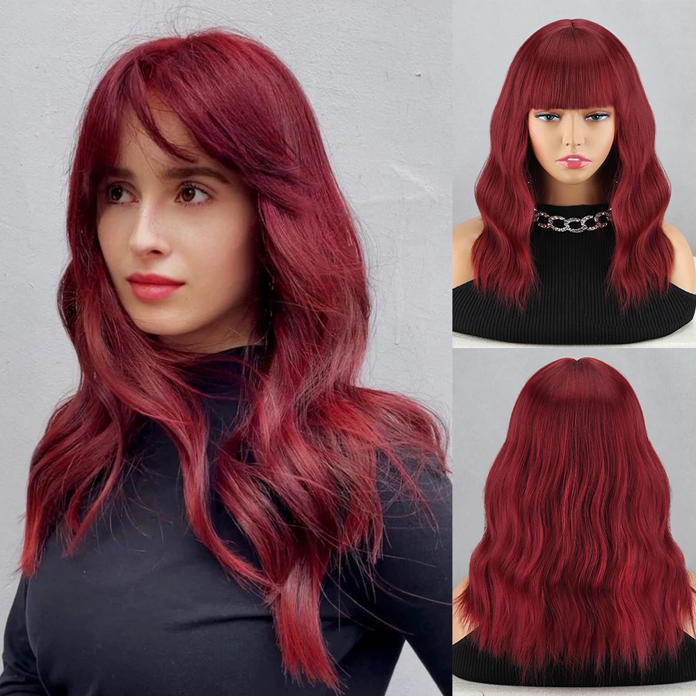 

Red Shoulder Length Lolita Cosplay Wigs Short Wavy Synthetic Hair Wig with Bangs for Women Daily Natural Heat Resistant Black Gr