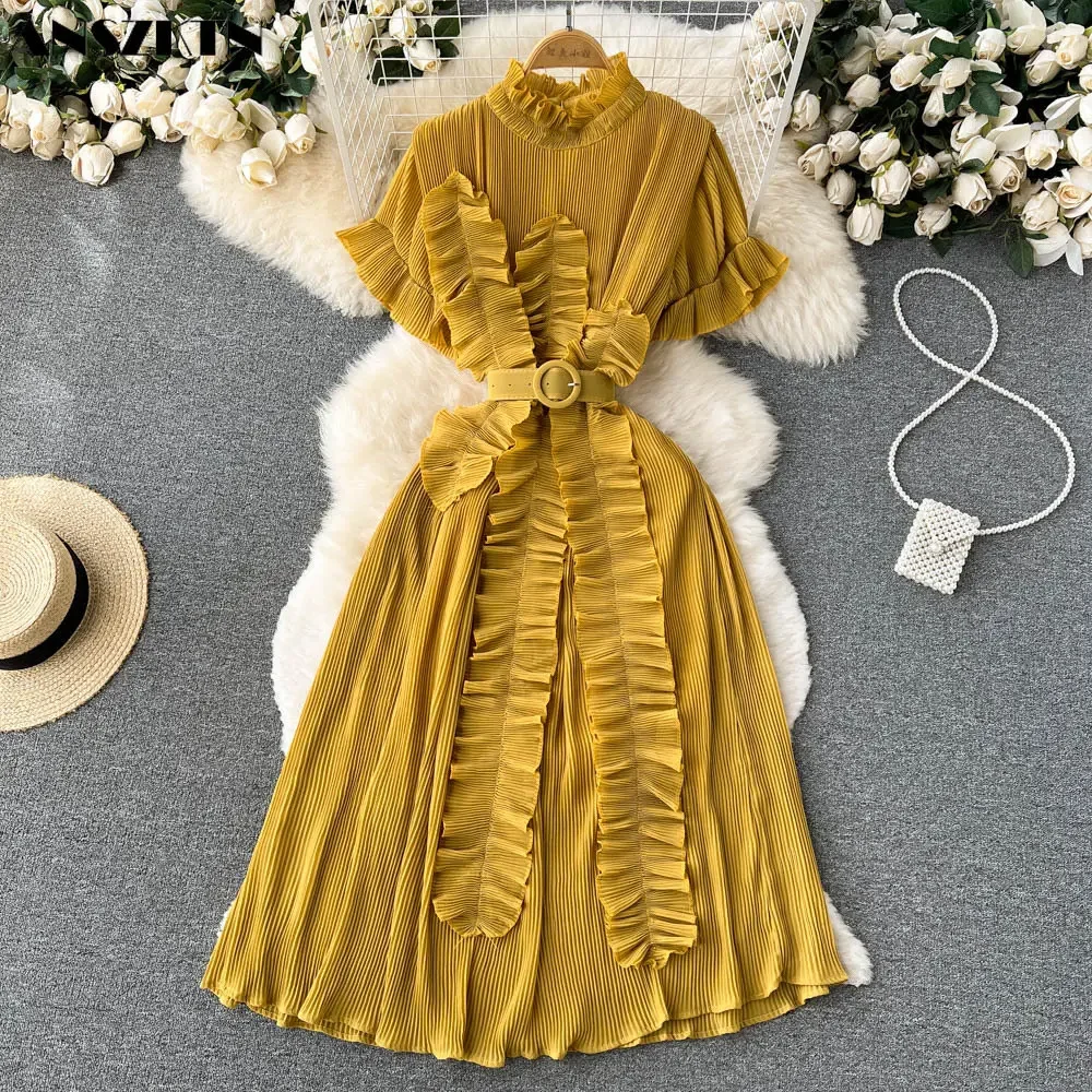 Summer Chiffon Dress Slim Fit Slimming Elegant Sleeveless Dress Ruffled Waist-controlled Large Women's Long Dress